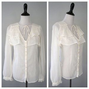 BCBGeneration White Ruffle Sheer Button Up V-Neck Blouse Top Shirt Size 6